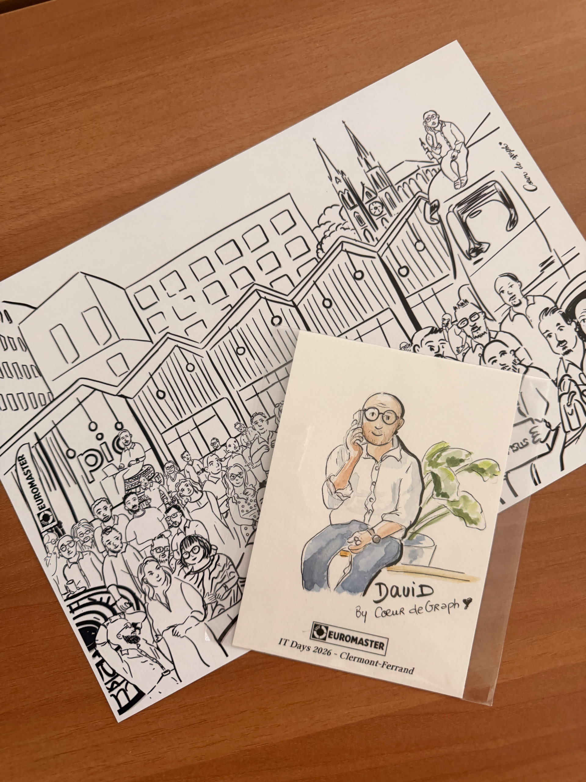 Illustration corporate personnalisée réunissant l’univers du séminaire Euromaster et le portrait d’un participant